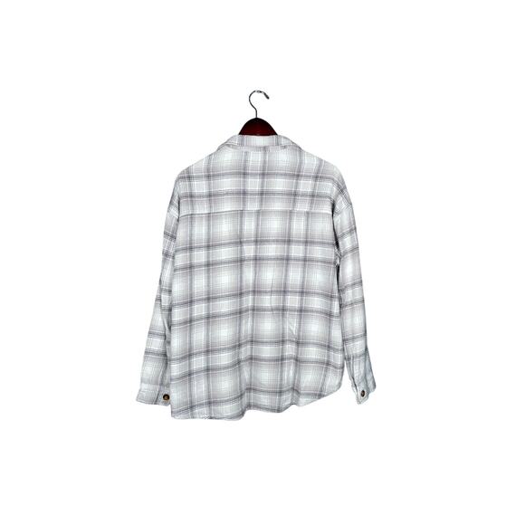 Hollister Flannel Shirt Large Gray/White Plaid Boyfriend Fit Pockets Jacket - Picture 2 of 6